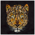 Duurzaam kunstwerk van plastic restmaterialen, Leopard in Gold. Uniek kunstwerk leeuw in Limited Edition print op canvas in een zwarte baklijst. 