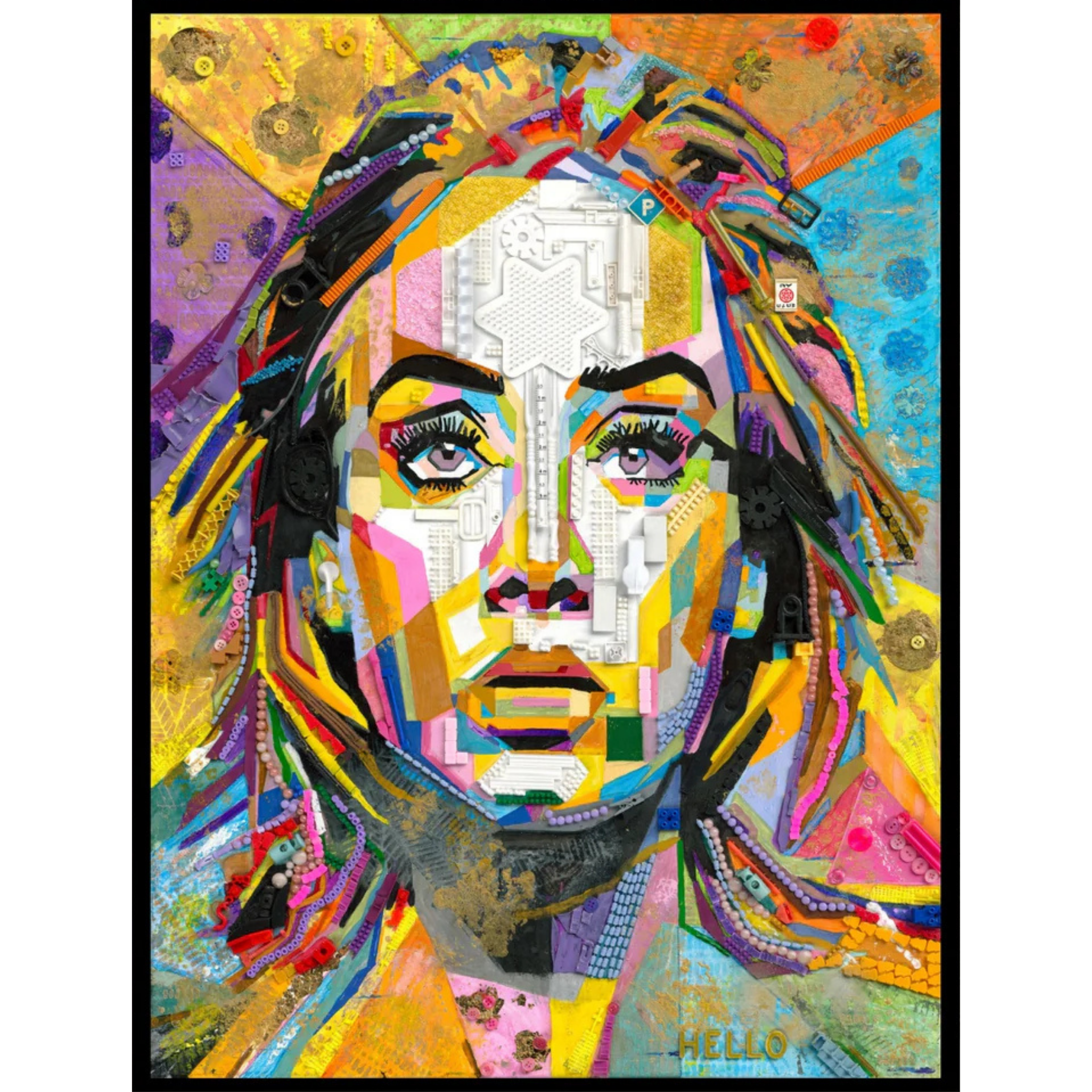 Duurzaam kunstwerk van plastic restmaterialen & mixed media. Origineel kunstwerk Adele. Limited Edition print op canvas in een prachtige zwarte baklijst.