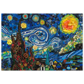 Duurzaam kunstwerk van plastic restmaterialen geïnspireerd op Vincent van Gogh: Starry Night. Limited Edition kunstwerk met uniek 3D effect in luxe zwarte baklijst. Kunstwerk van Maaike van Wijk.