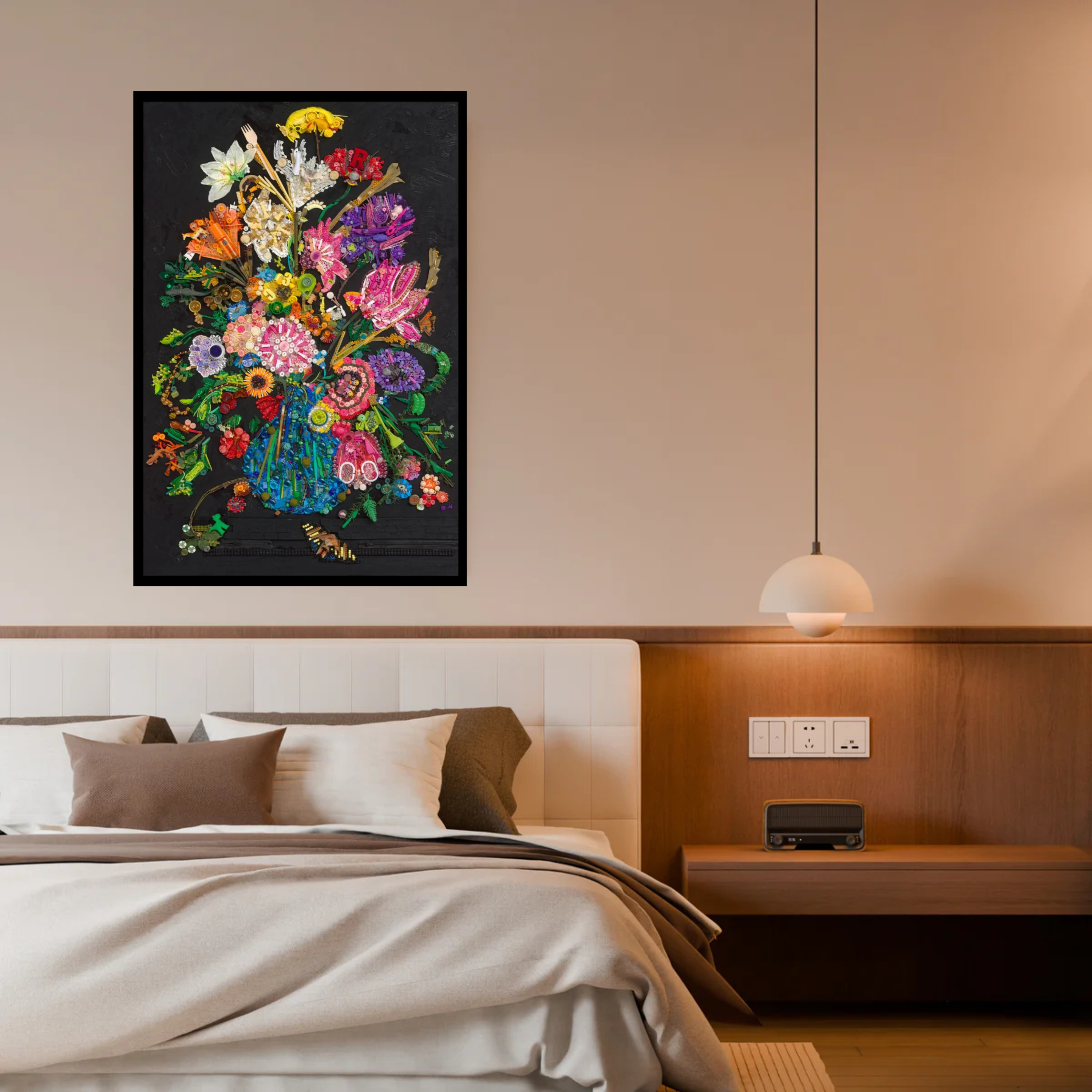 Origineel handgemaakt kunstwerk aan de muur in Scandinavisch interieur.
