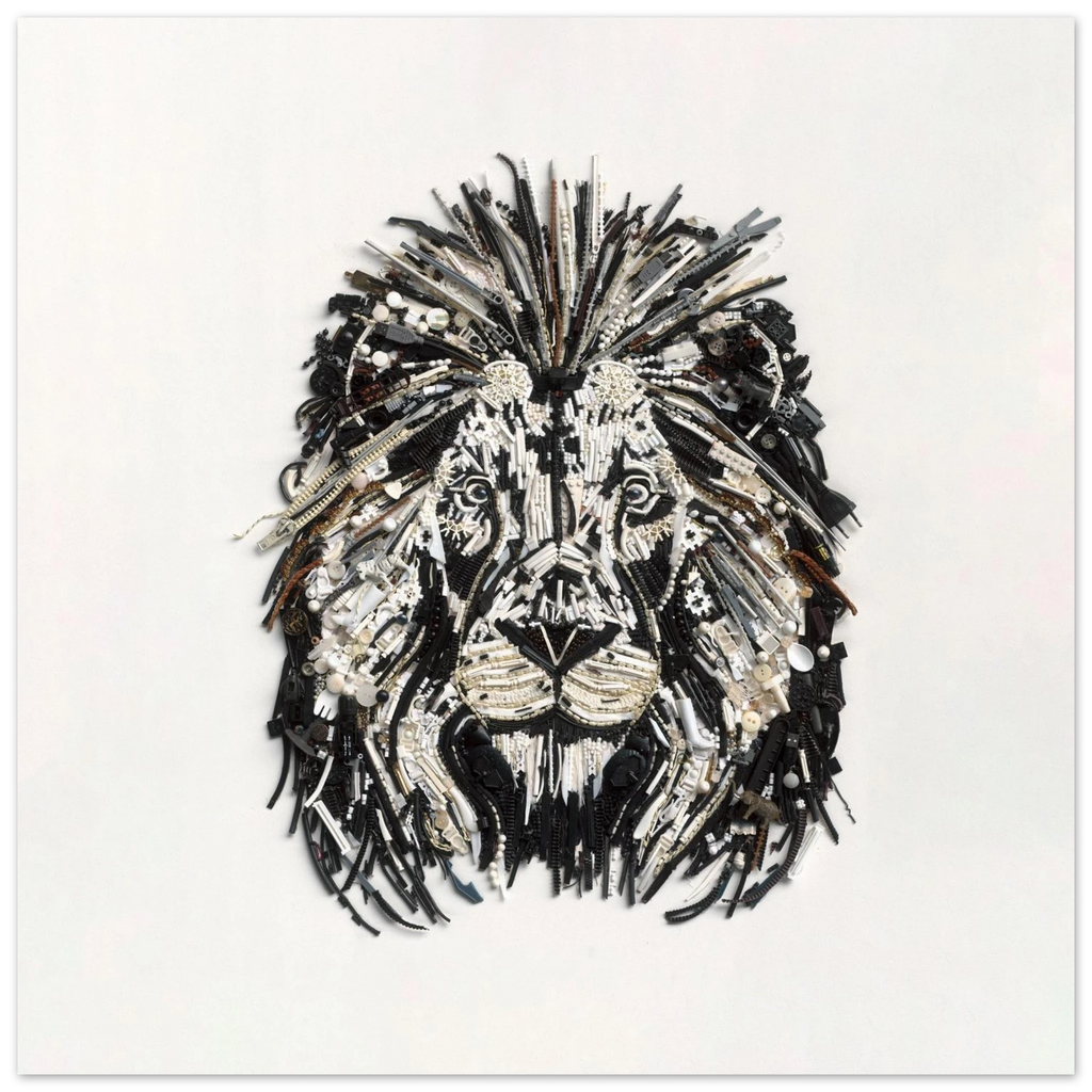 Duurzaam kunstwerk van gerecycled plastic, The Lion Limited Edition. 3D kunstwerk ingescand op canvas in een prachtige zwarte baklijst.