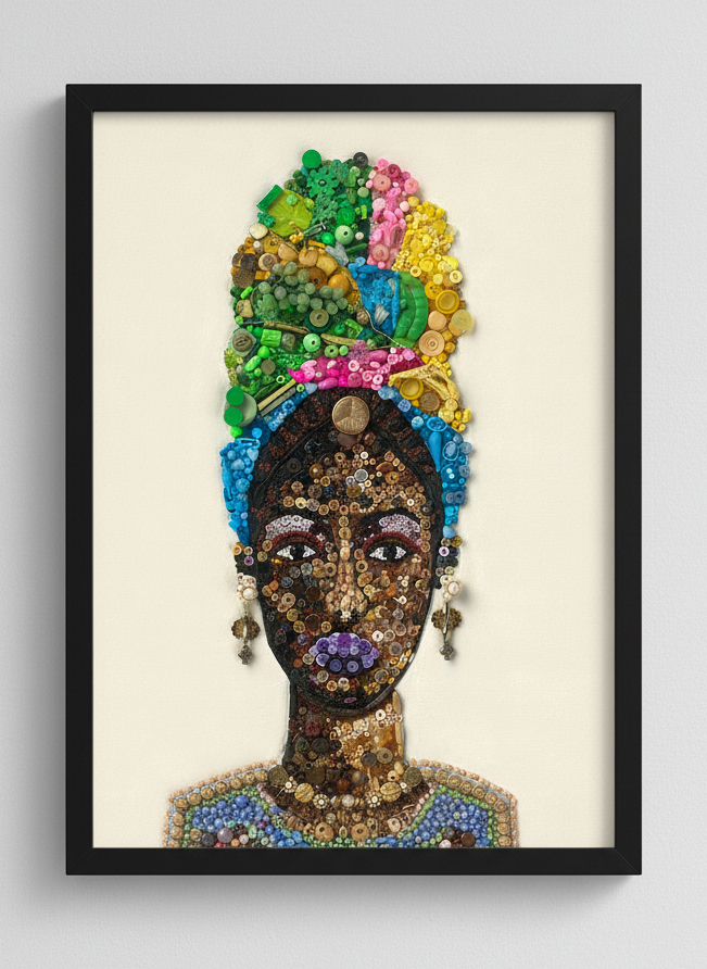 Duurzaam kunstwerk van duizenden plastic restmaterialen  - African Woman -  Limited Edition print op canvas in een prachtige zwarte baklijst