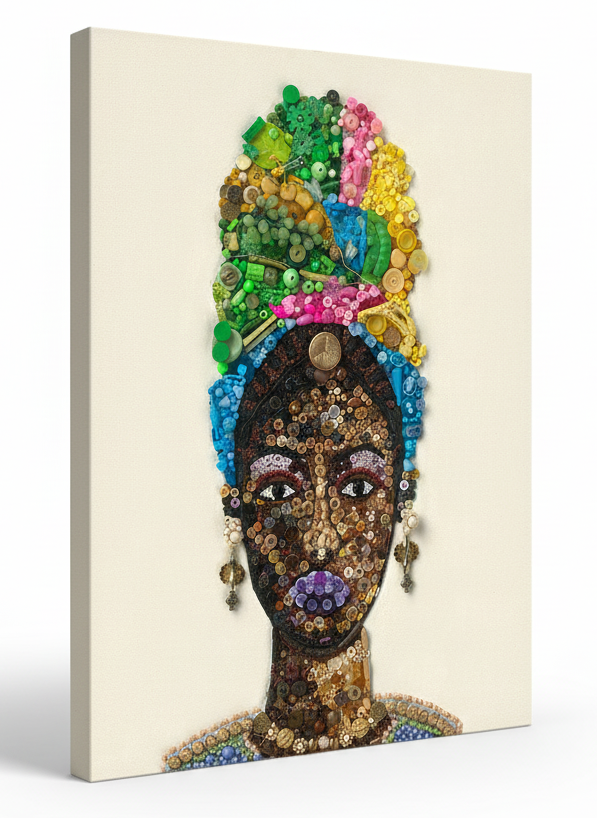 Duurzaam kunstwerk van duizenden plastic restmaterialen  - African Woman -  Limited Edition print op stretched canvas