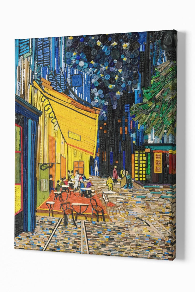 Duurzaam kunstwerk van plastic restmaterialen geïnspireerd op Vincent van Gogh – Cafe Terrace by Night -  Limited Edition op stretched canvas