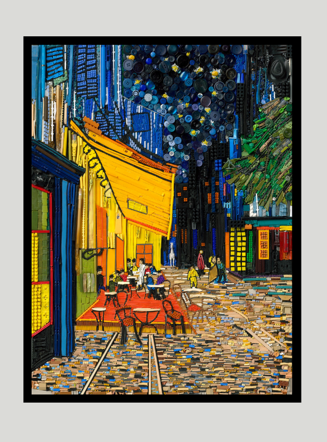 Duurzaam kunstwerk van plastic restmaterialen geïnspireerd op Vincent van Gogh – Cafe Terrace by Night -  Limited Edition op stretched canvas in een prachtige zwarte baklijst