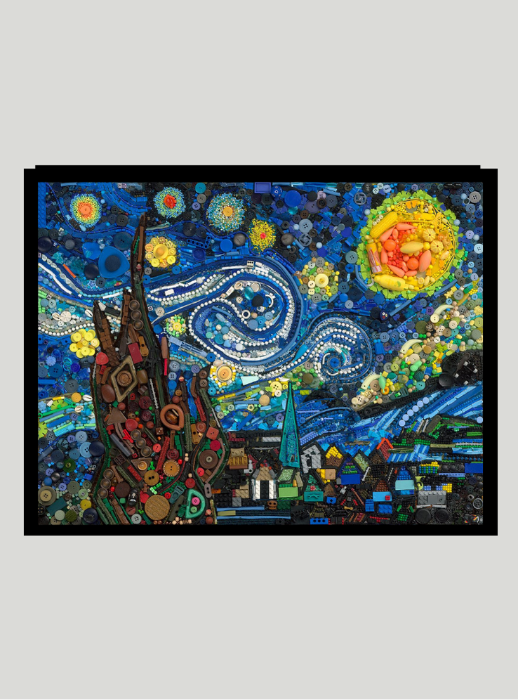 Duurzaam kunstwerk van plastic restmaterialen geïnspireerd op Vincent van Gogh – Starry Night Limited Edition met uniek 3D effect in prachtige zwarte baklijst