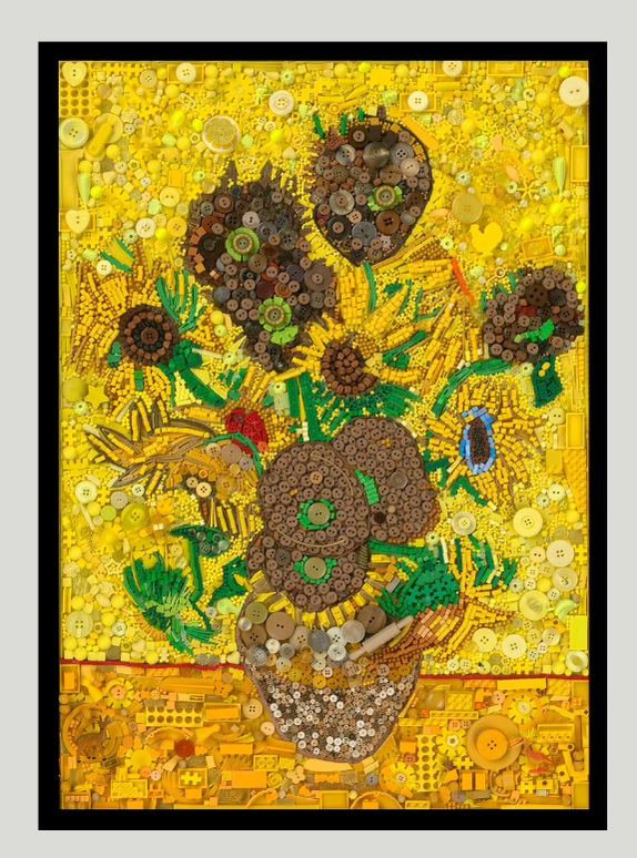 Duurzaam kunstwerk van plastic restmaterialen geïnspireerd op Vincent van Gogh – Sunflowers Limited Edition op canvas in prachtige zwarte baklijst
