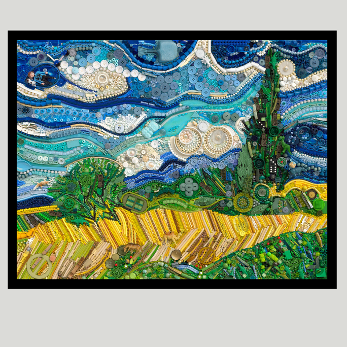 Duurzaam kunstwerk van plastic restmaterialen geïnspireerd op Van Gogh – Wheat Field with Cypresses Limited Edition op canvas in prachtige zwarte baklijst