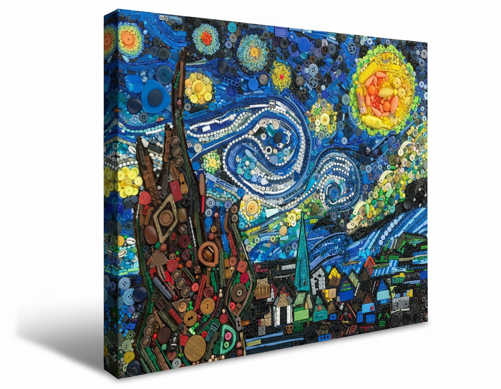 Duurzaam kunstwerk van plastic restmaterialen geïnspireerd op Vincent van Gogh – Starry Night Limited Edition met uniek 3D effect