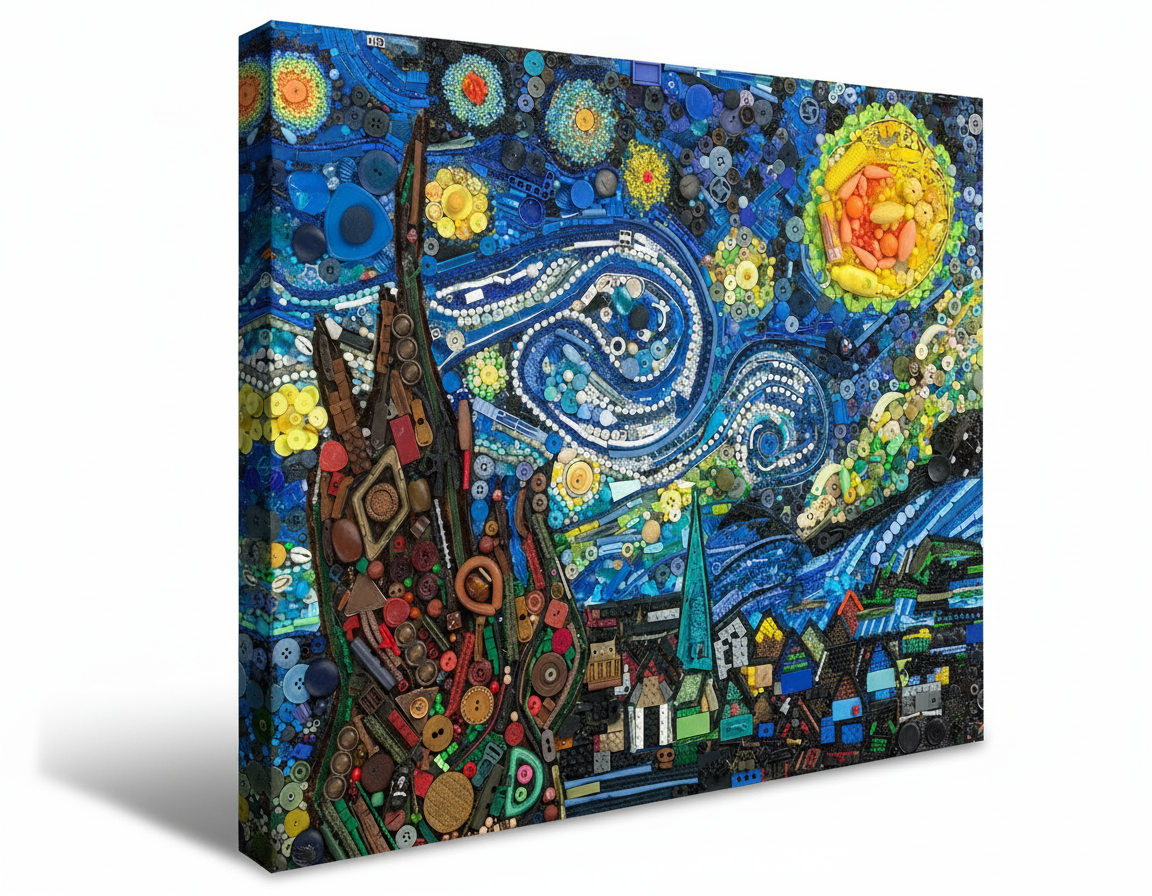 Duurzaam kunstwerk van plastic restmaterialen geïnspireerd op Vincent van Gogh – Starry Night Limited Edition met uniek 3D effect