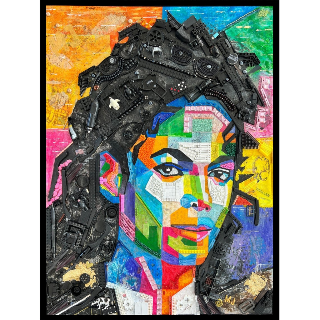 Duurzaam kunstwerk van duizenden stukjes plastic restafval. Origineel kunstwerk Michael Jackson. Limited Edition geprint op topkwaliteit. UV bestendig canvas in prachtige zwarte baklijst, kleurrijk 3D-effect.
