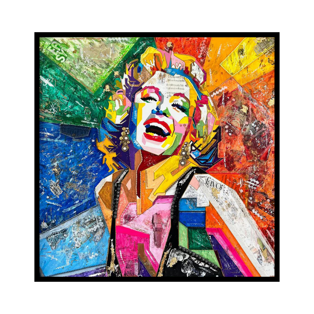 Duurzaam kunstwerk van plastic restmaterialen en mixed media. Uniek kunstwerk Marilyn Monroe. Limited Edition print op canvas in een prachtige zwarte baklijst.