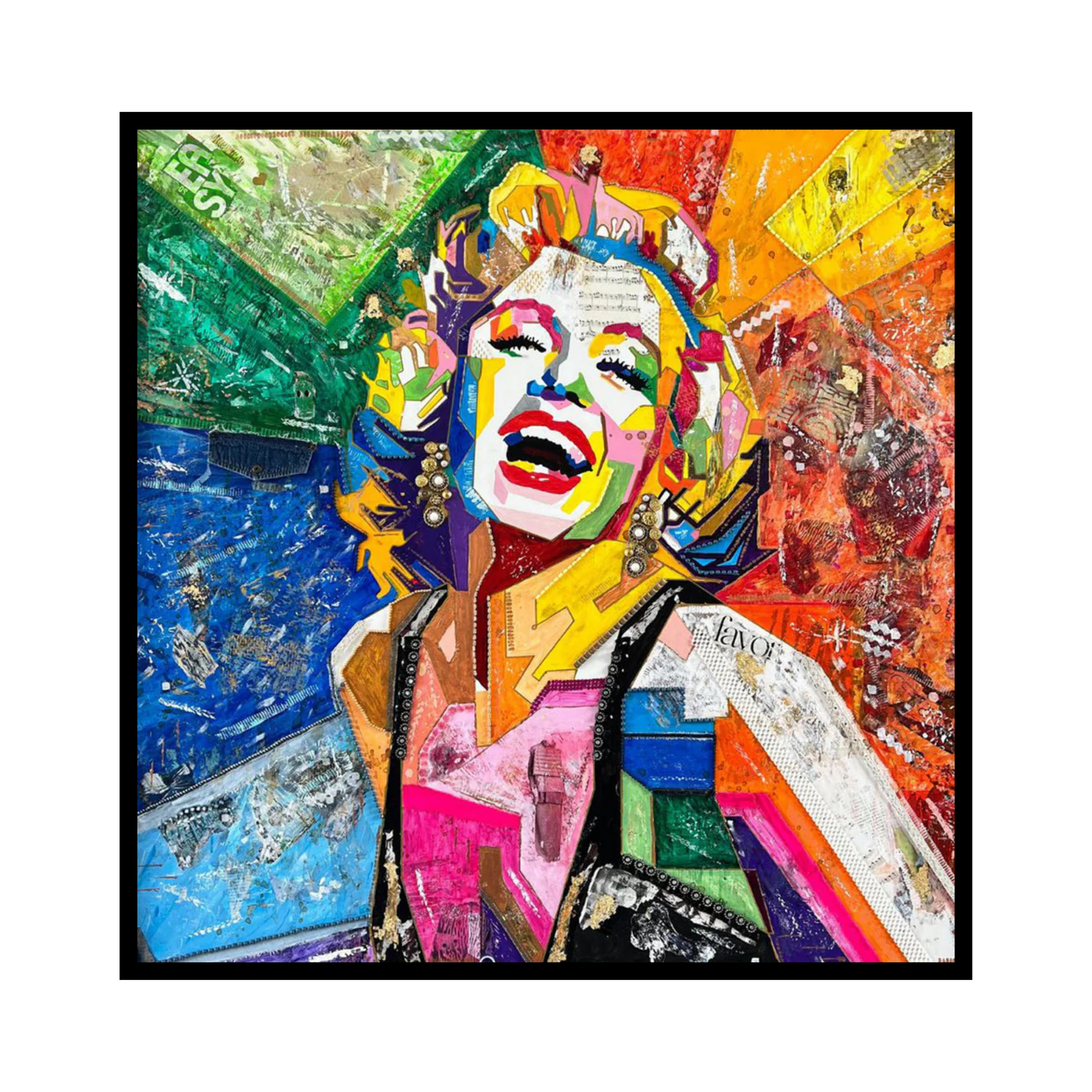 Duurzaam kunstwerk van plastic restmaterialen en mixed media. Uniek kunstwerk Marilyn Monroe. Limited Edition print op canvas in een prachtige zwarte baklijst.