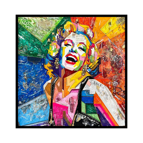 Duurzaam kunstwerk van plastic restmaterialen en mixed media. Uniek kunstwerk Marilyn Monroe. Limited Edition print op canvas in een prachtige zwarte baklijst.