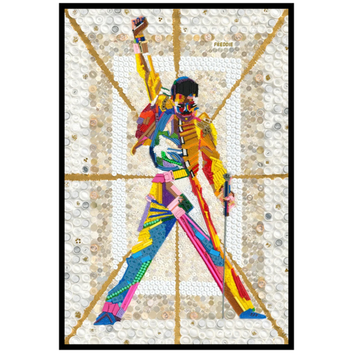 Duurzaam kunstwerk van duizenden plastic restmaterialen, Freddy mercury. Limited Edition print op canvas in een prachtige zwarte baklijst.