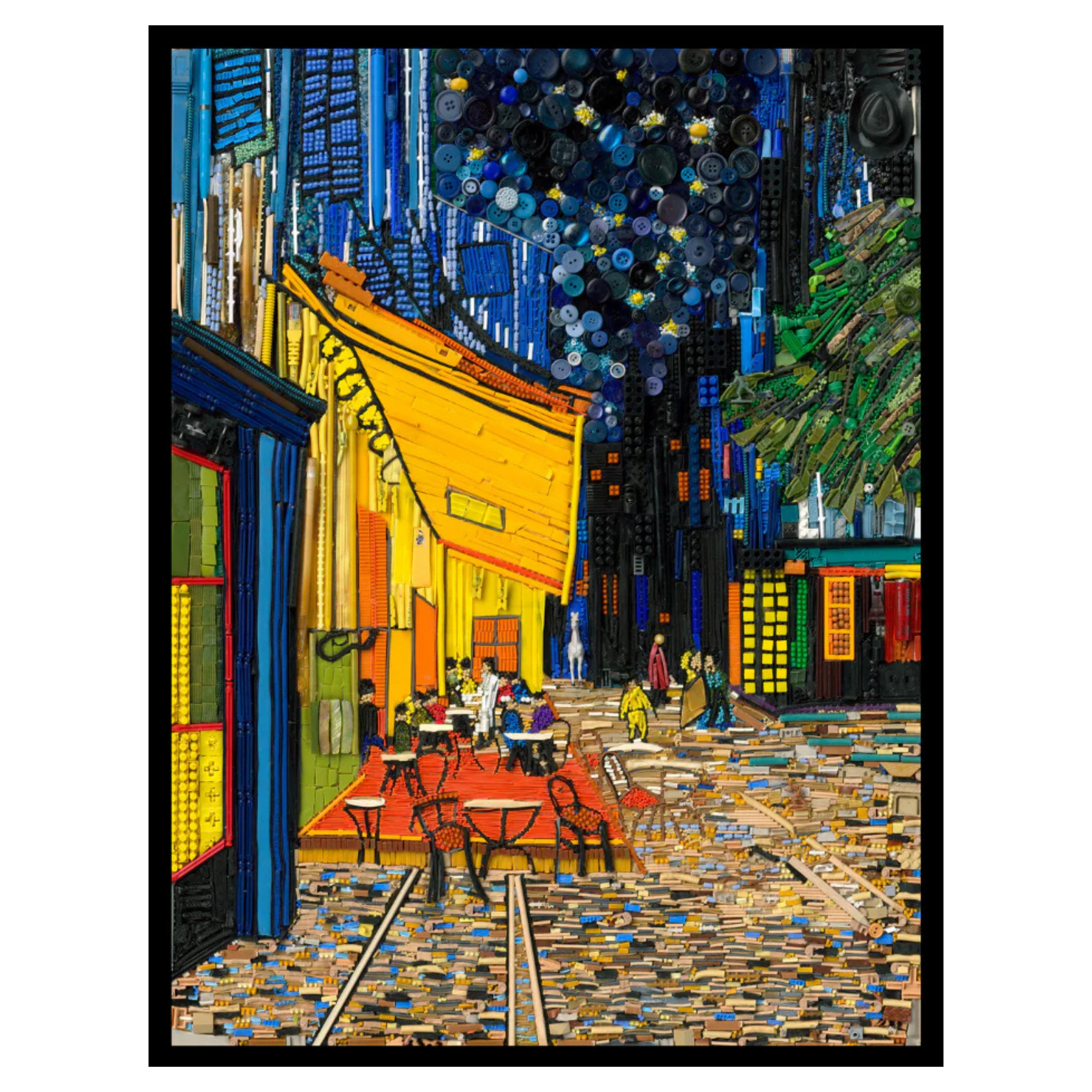 Duurzaam kunstwerk van plastic restmaterialen geïnspireerd op Vincent van Gogh, Cafe Terrace by Night. Limited Edition op stretched canvas in een prachtige zwarte baklijst