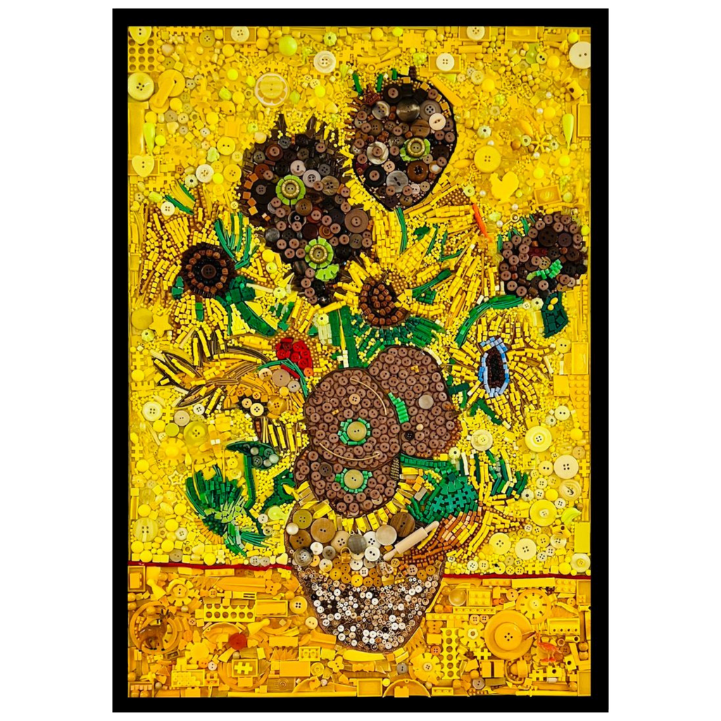 Duurzaam kunstwerk van plastic restmaterialen geïnspireerd op Vincent van Gogh, Sunflowers. Limited Edition op canvas in prachtige zwarte baklijst.