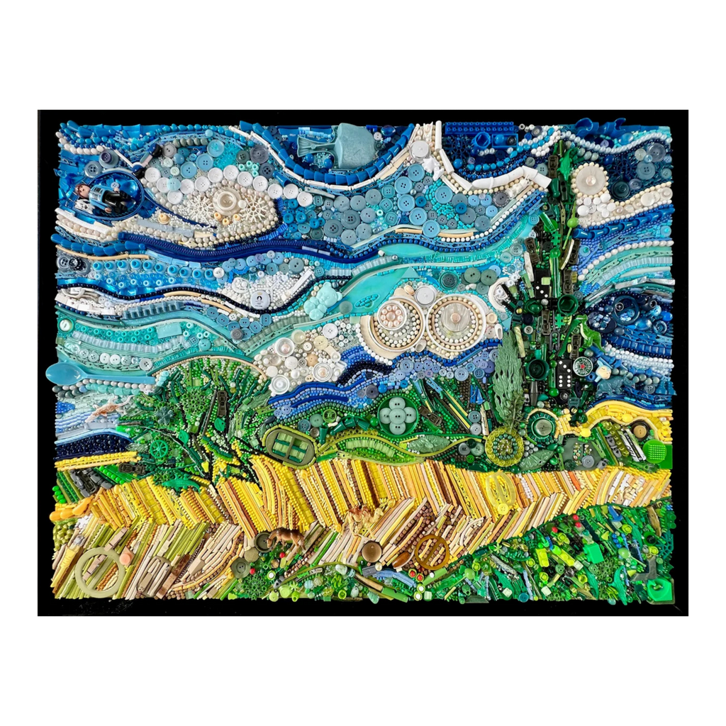 Duurzaam kunstwerk van plastic restmaterialen geïnspireerd op Van Gogh: Wheat Field with Cypresses. Limited Edition kunstwerk op canvas in prachtige zwarte baklijst.