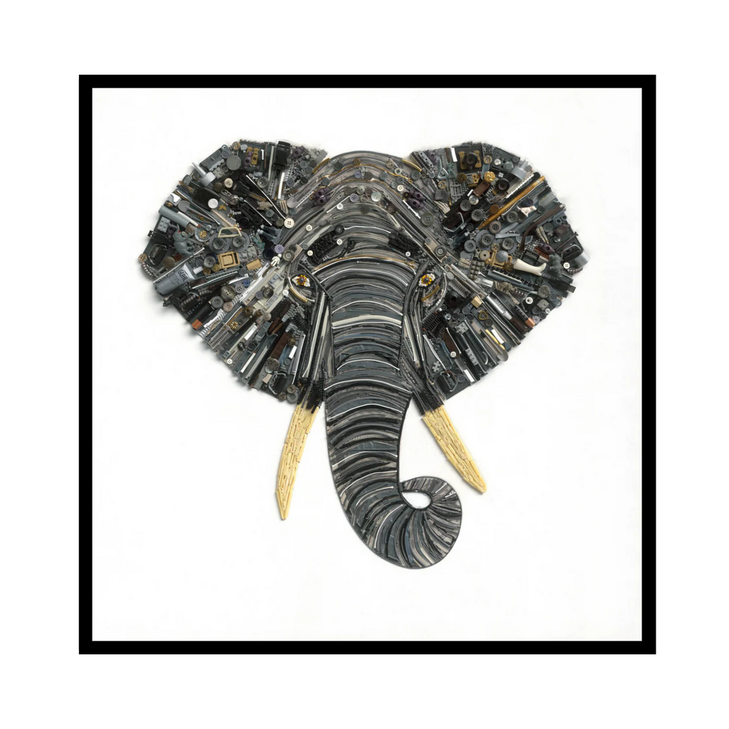 Duurzaam kunstwerk van duizenden stukjes plastic restafval, The Elephant. Limited Edition kunstwerk Olifant met rustige kleuren en uniek 3D-effect.