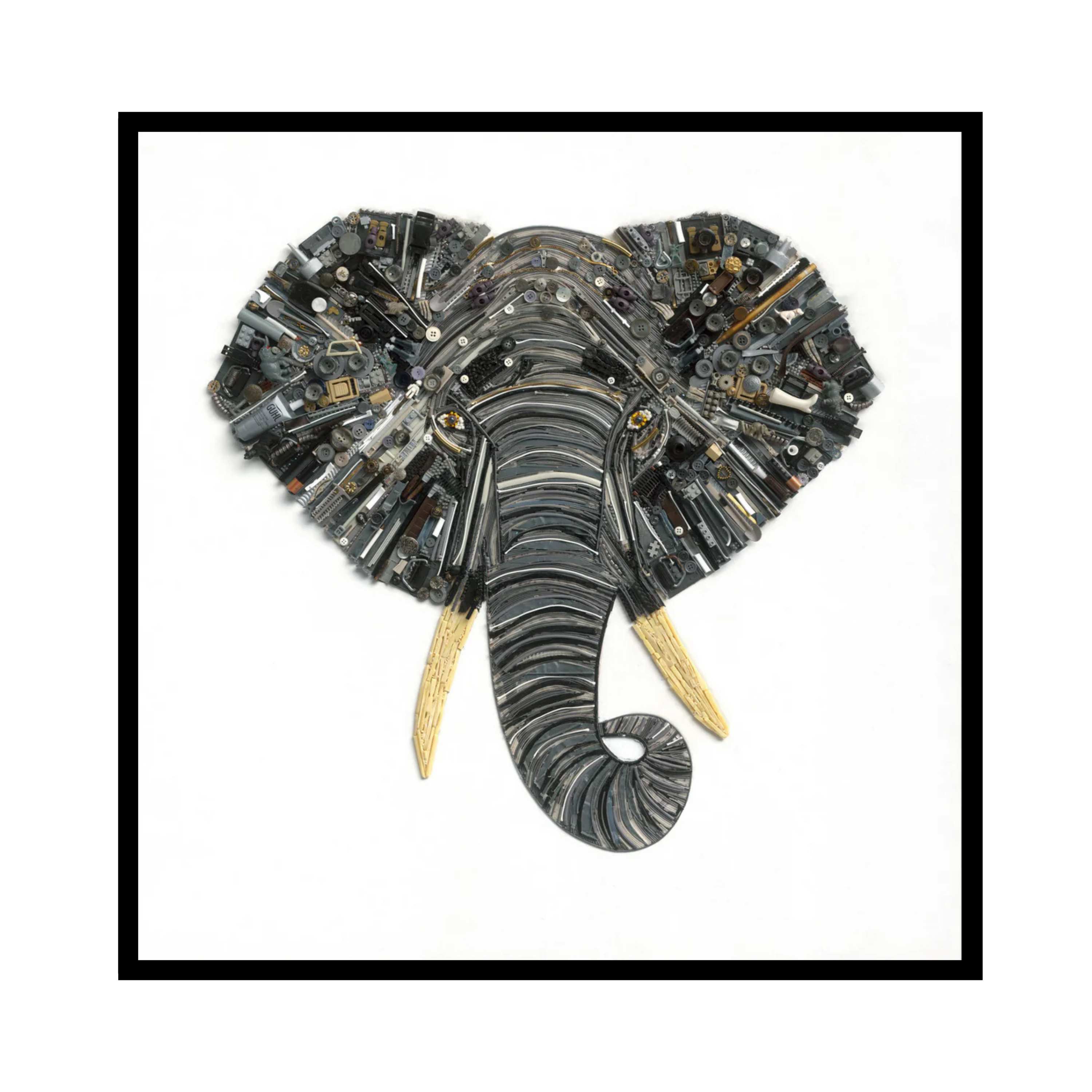 Duurzaam kunstwerk van duizenden stukjes plastic restafval, The Elephant. Limited Edition kunstwerk Olifant met rustige kleuren en uniek 3D-effect.