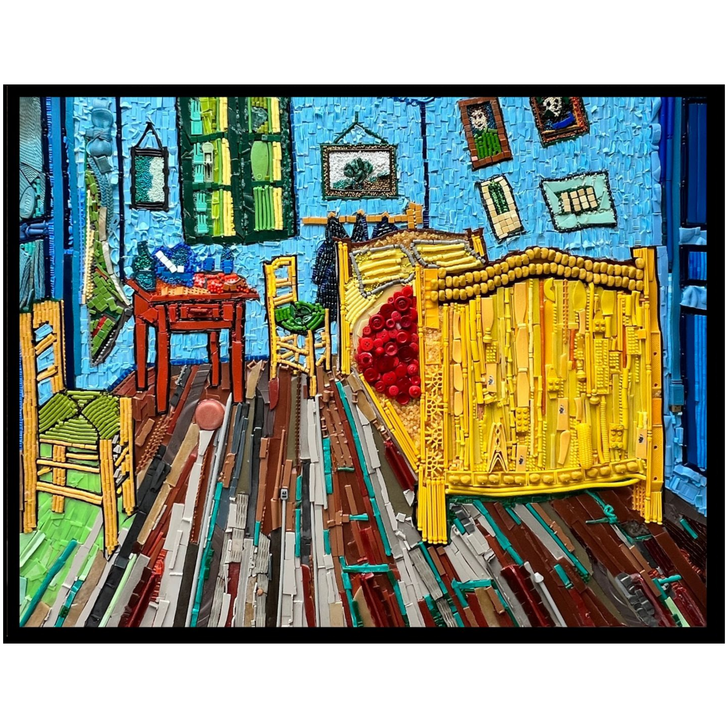 Duurzaam kunstwerk van plastic restmaterialen geïnspireerd op Vincent van Gogh, The Bedroom. Limited Edition kunstwerk van Maaike van Wijk Art, kunstenares. 