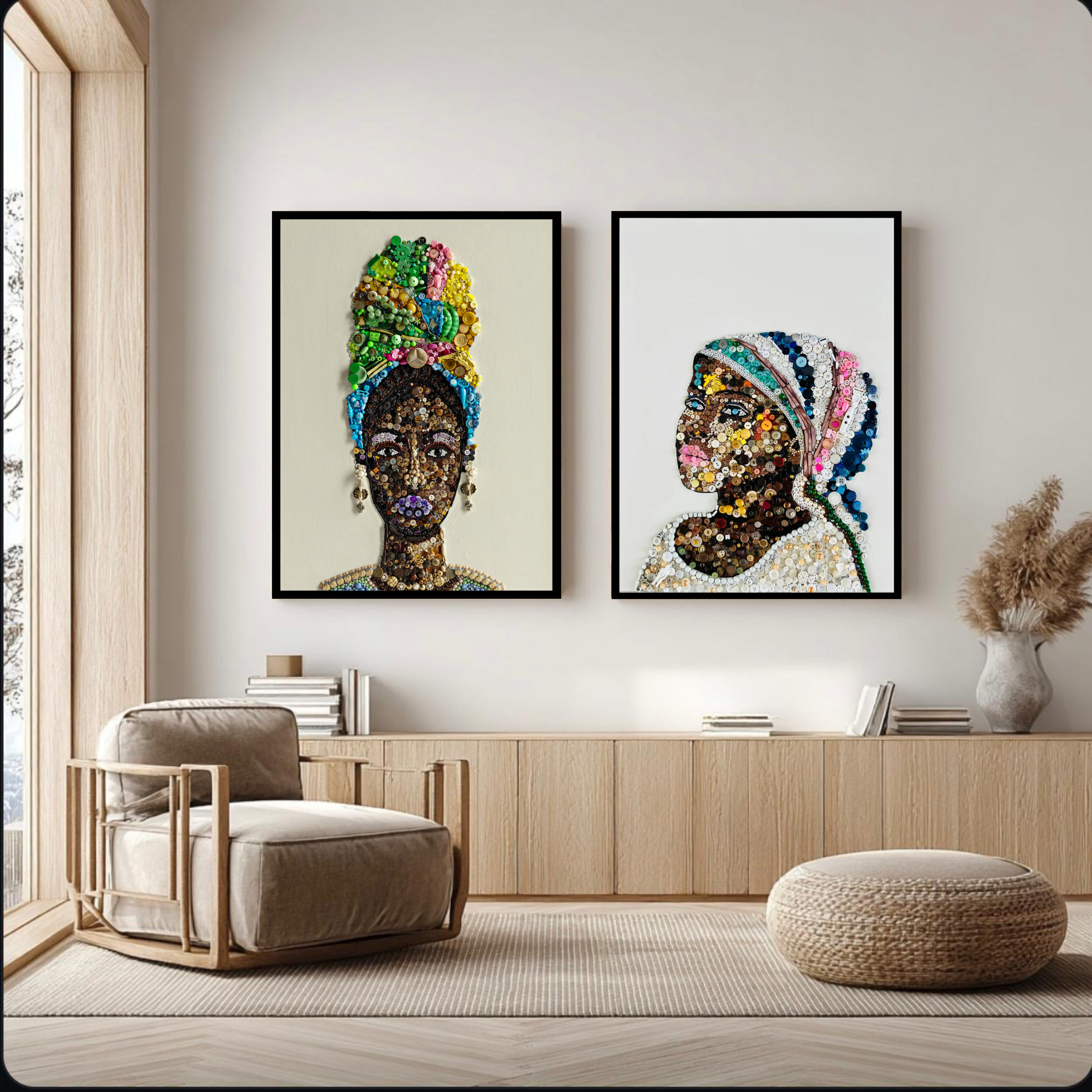 Duurzaam kunstwerk van Maaike van Wijk boven bank in modern interieur.