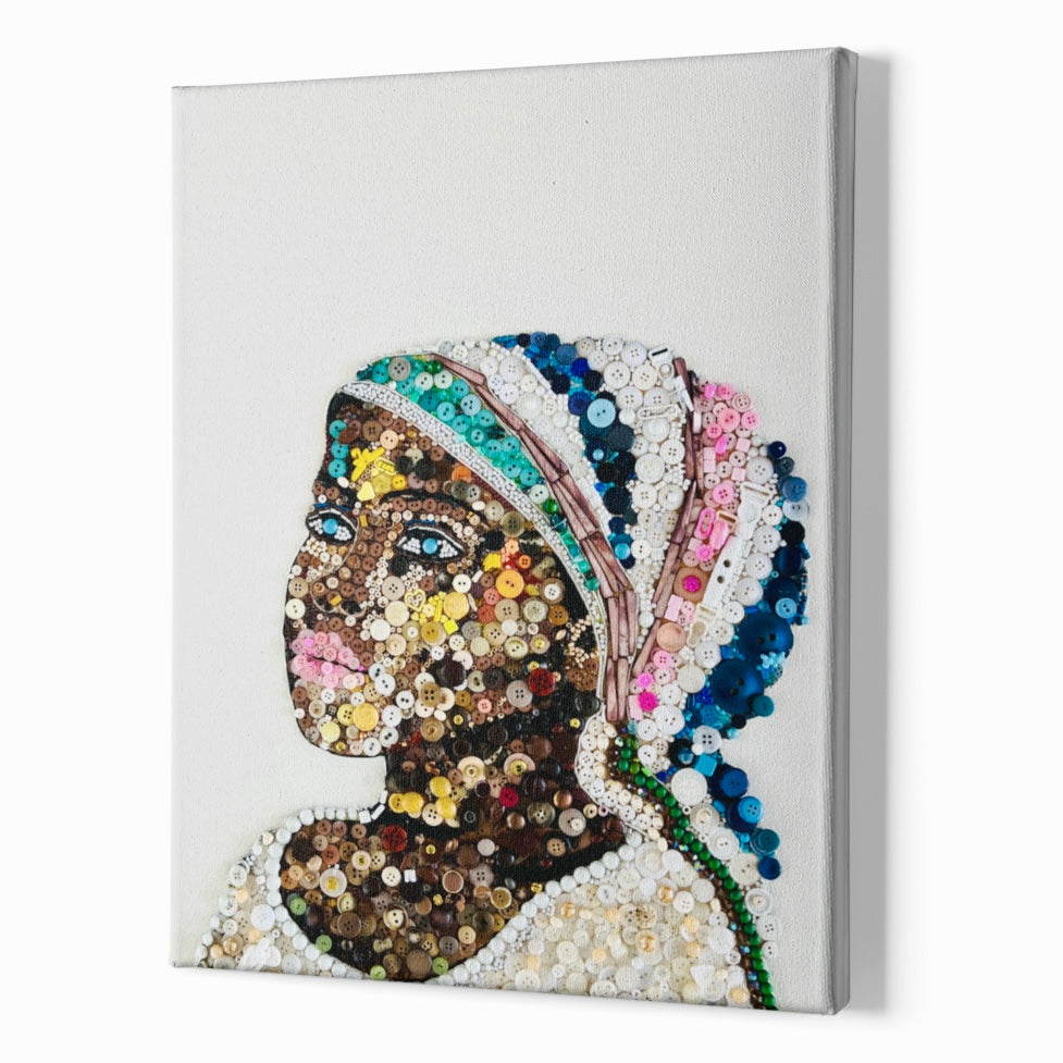 Duurzaam kunstwerk van duizenden plastic restmaterialen  - African Girl -  Limited Edition print op stretched canvas