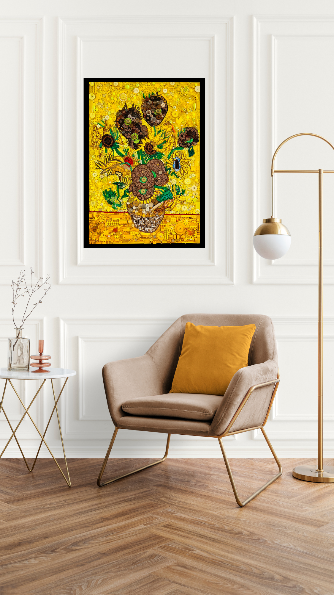 Duurzaam kunstwerk van plastic restmaterialen geïnspireerd op Vincent van Gogh – Sunflowers Limited Edition in woonsetting