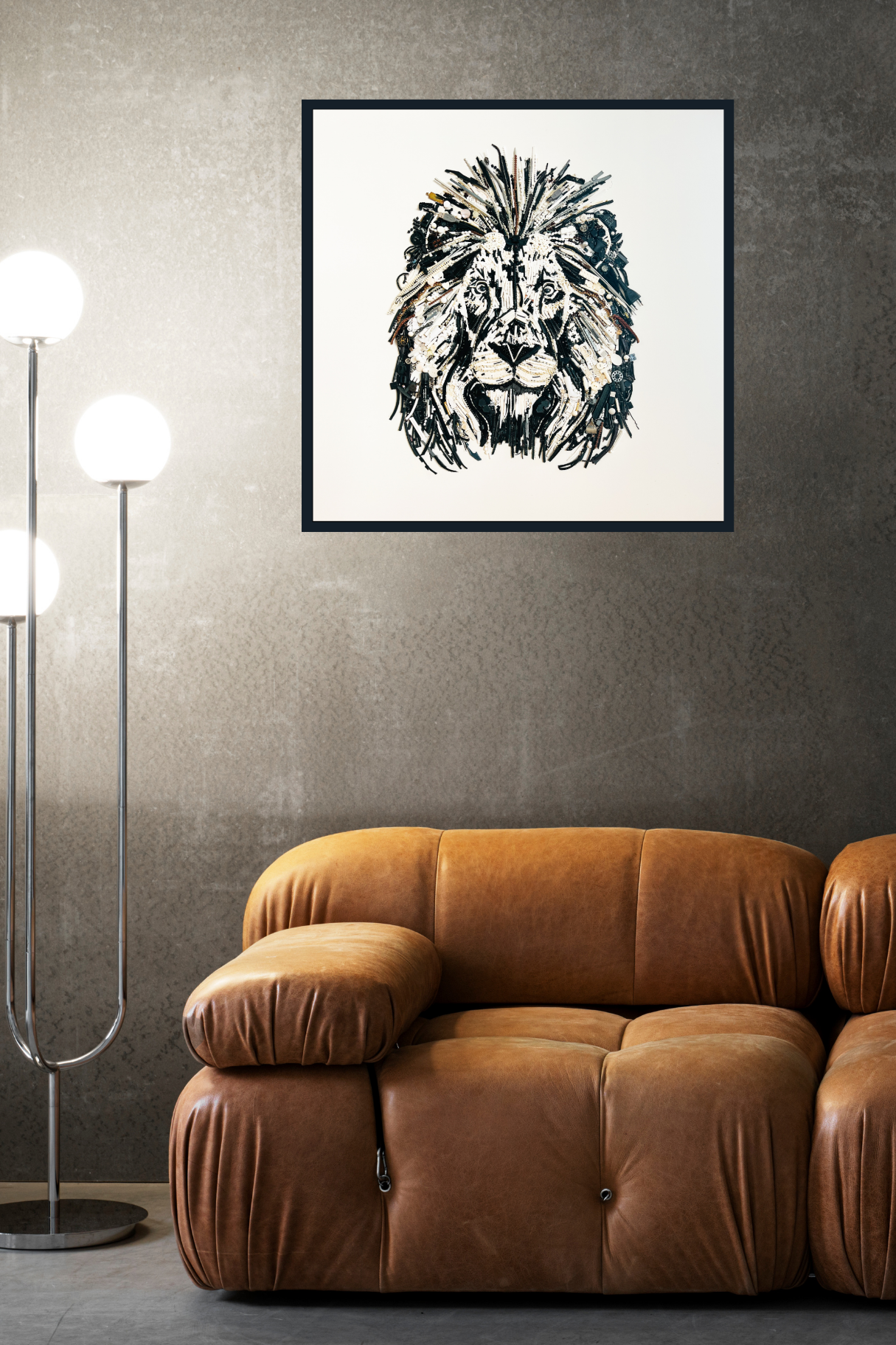 Duurzaam kunstwerk van gerecycled plastic – The Lion Limited Edition, 3D ingescand in een prachtige zwarte baklijst