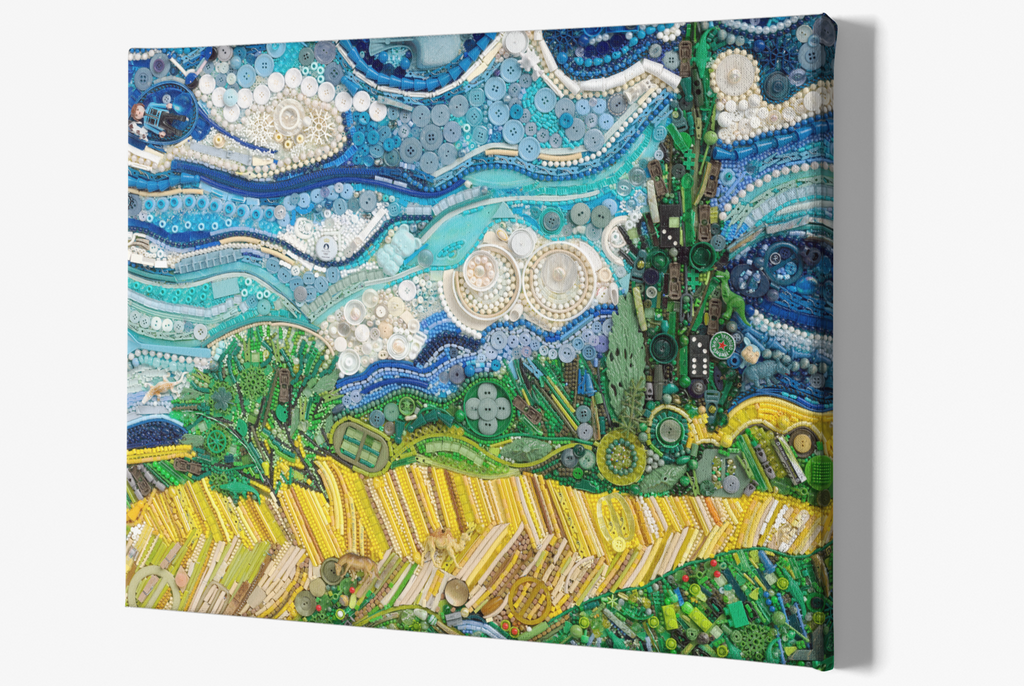 Duurzaam kunstwerk van plastic restmaterialen geïnspireerd op Van Gogh – Wheat Field with Cypresses Limited Edition op stretched canvas