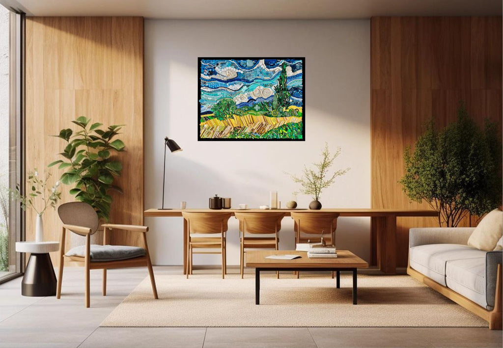 Duurzaam kunstwerk van plastic restmaterialen geïnspireerd op Van Gogh – Wheat Field with Cypresses Limited Edition in een prachtige woonsetting