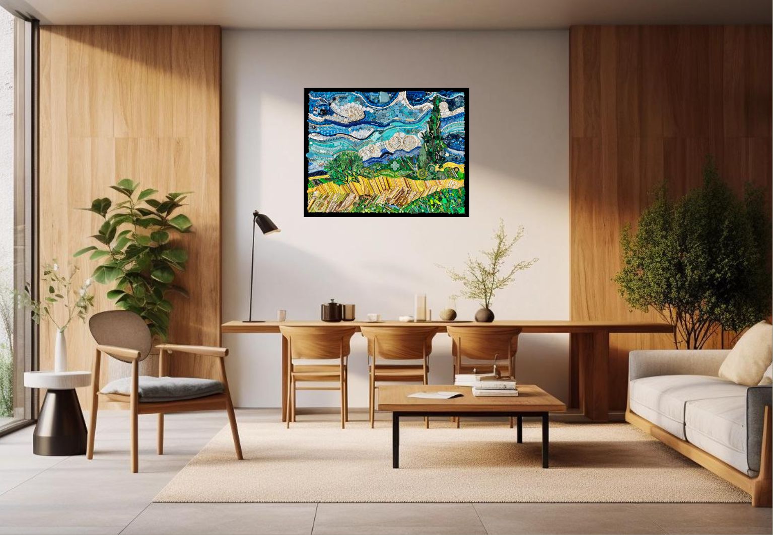 Duurzaam kunstwerk van plastic restmaterialen geïnspireerd op Van Gogh – Wheat Field with Cypresses Limited Edition in een prachtige woonsetting