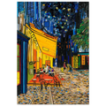 Duurzaam kunstwerk van plastic restmaterialen geïnspireerd op Vincent van Gogh, Cafe Terrace by Night. Limited Edition op stretched canvas in een prachtige zwarte baklijst